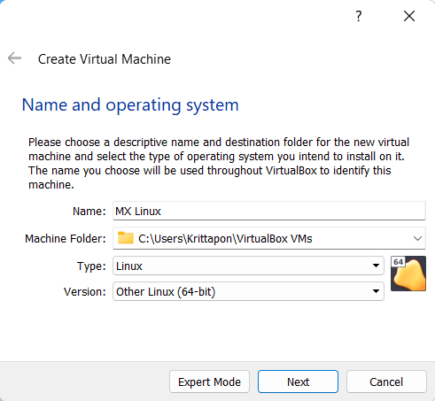 VirtualBox Choose name and OS page